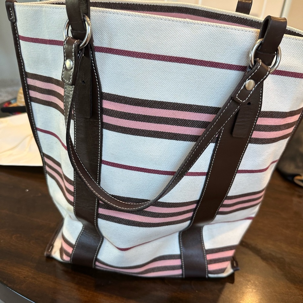 EUC pink/cream and brown canvas tote with brown leather